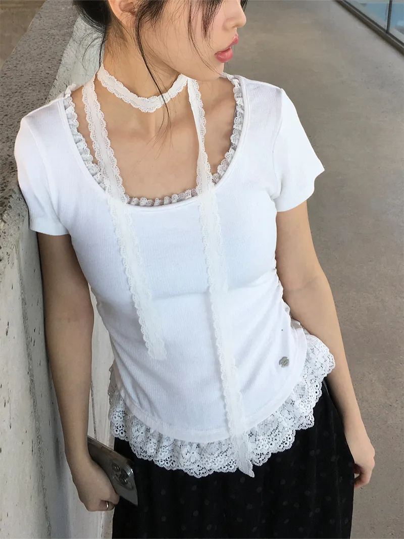 ストラップ付フリルレースドッキングスクエアネック半袖Tシャツ | anyonemore | 詳細画像1