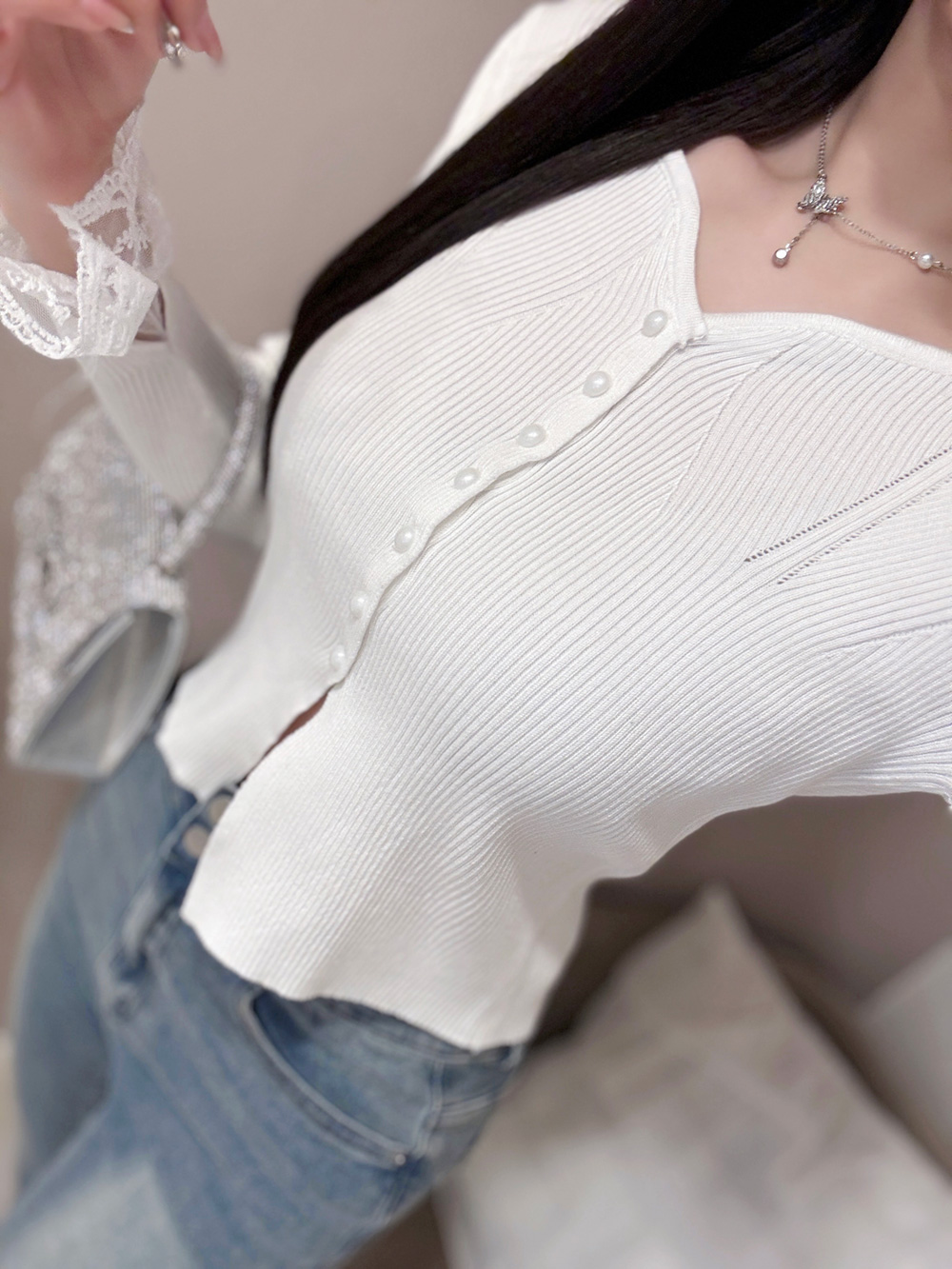 パール調ボタンレースパフカーディガン | 詳細画像5