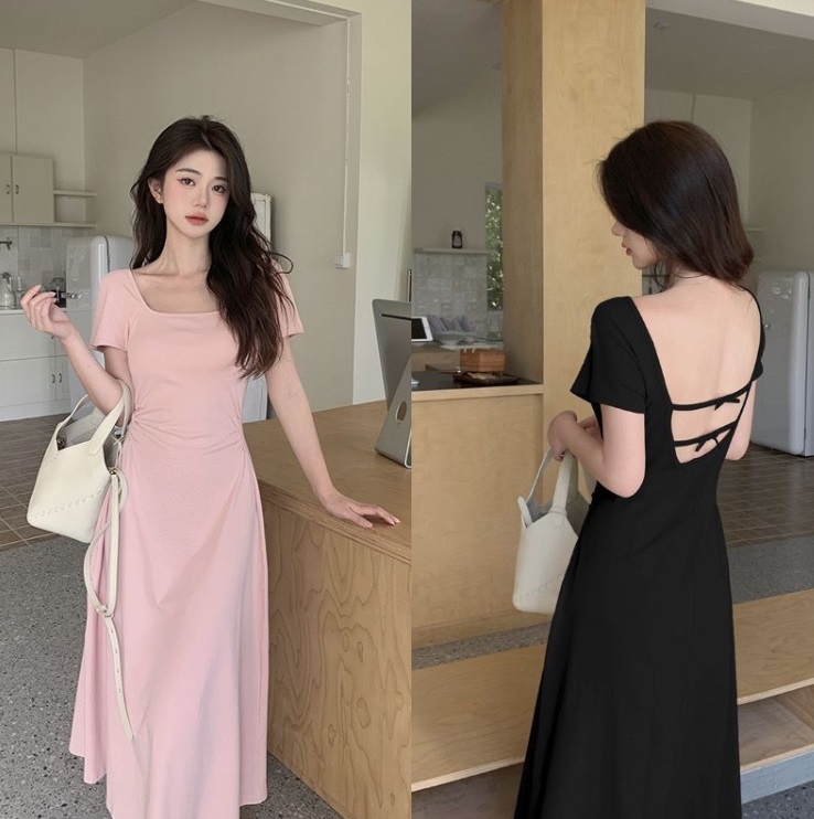 バックレスリボンストラップスクエア半袖ワンピース | 詳細画像2