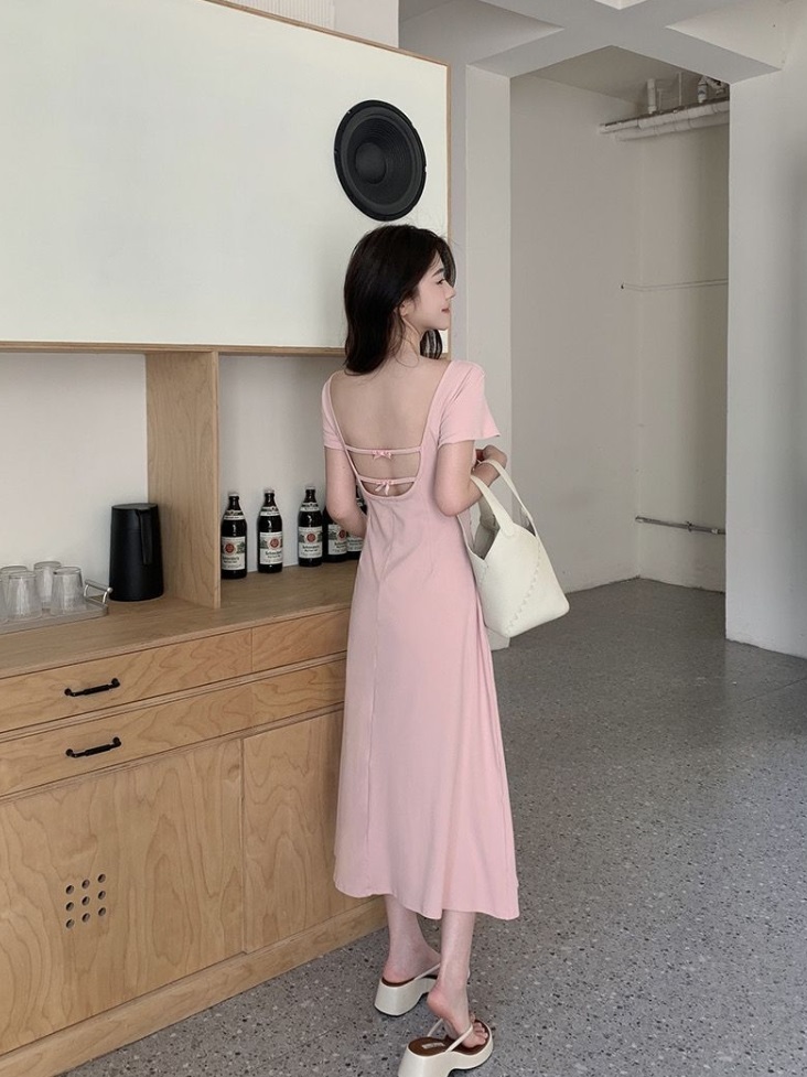 バックレスリボンストラップスクエア半袖ワンピース | 詳細画像6