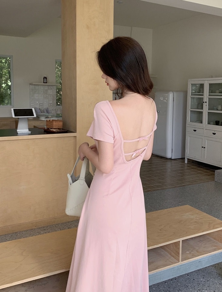 バックレスリボンストラップスクエア半袖ワンピース | 詳細画像10