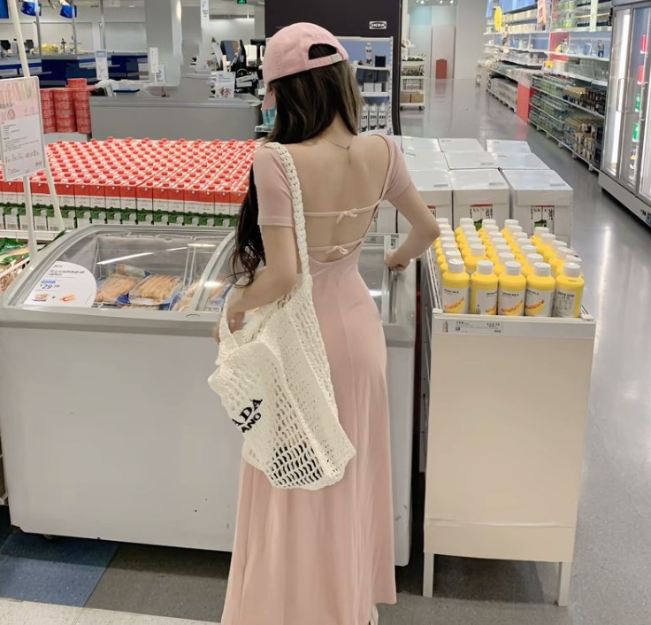 バックレスリボンストラップスクエア半袖ワンピース | 詳細画像21