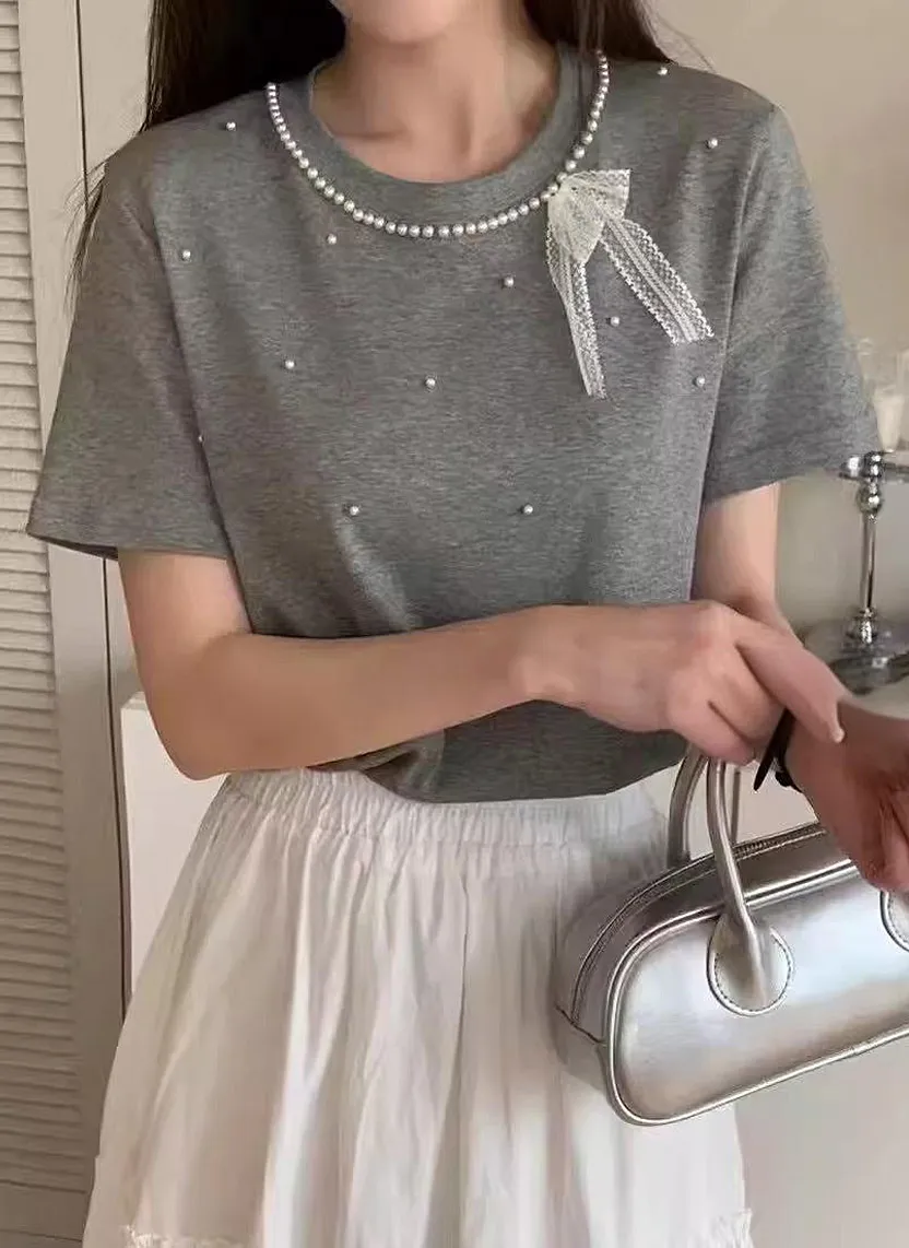 レースリボンエコパールラウンド半袖Tシャツ | 詳細画像1