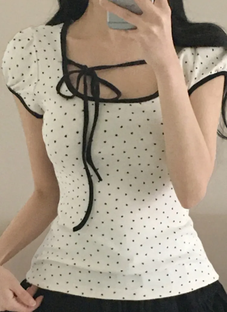 リボンネックハートドット半袖Tシャツ | creamsugar | 詳細画像1