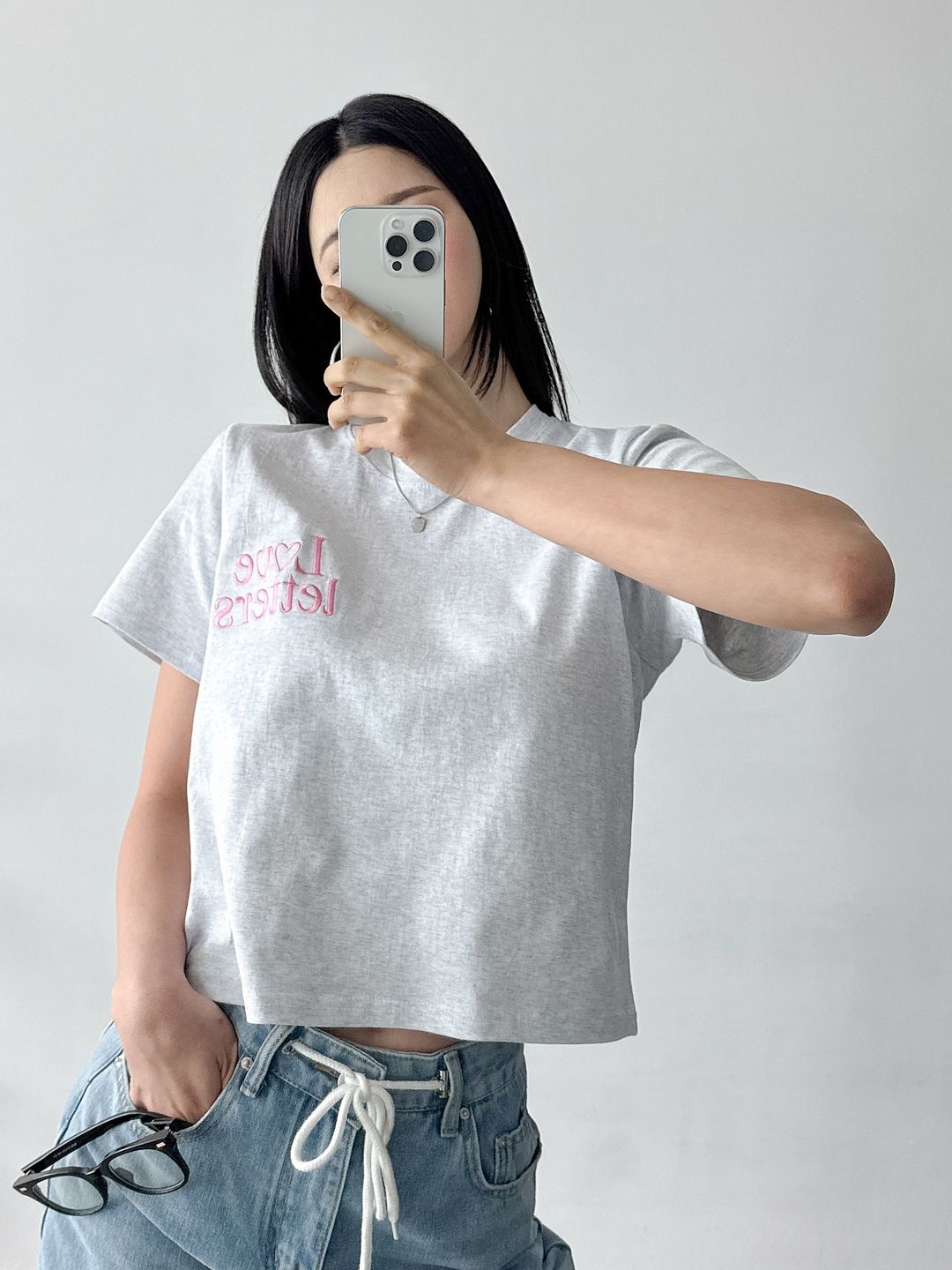 Loveハート刺繍クロップド半袖Tシャツ | 詳細画像2