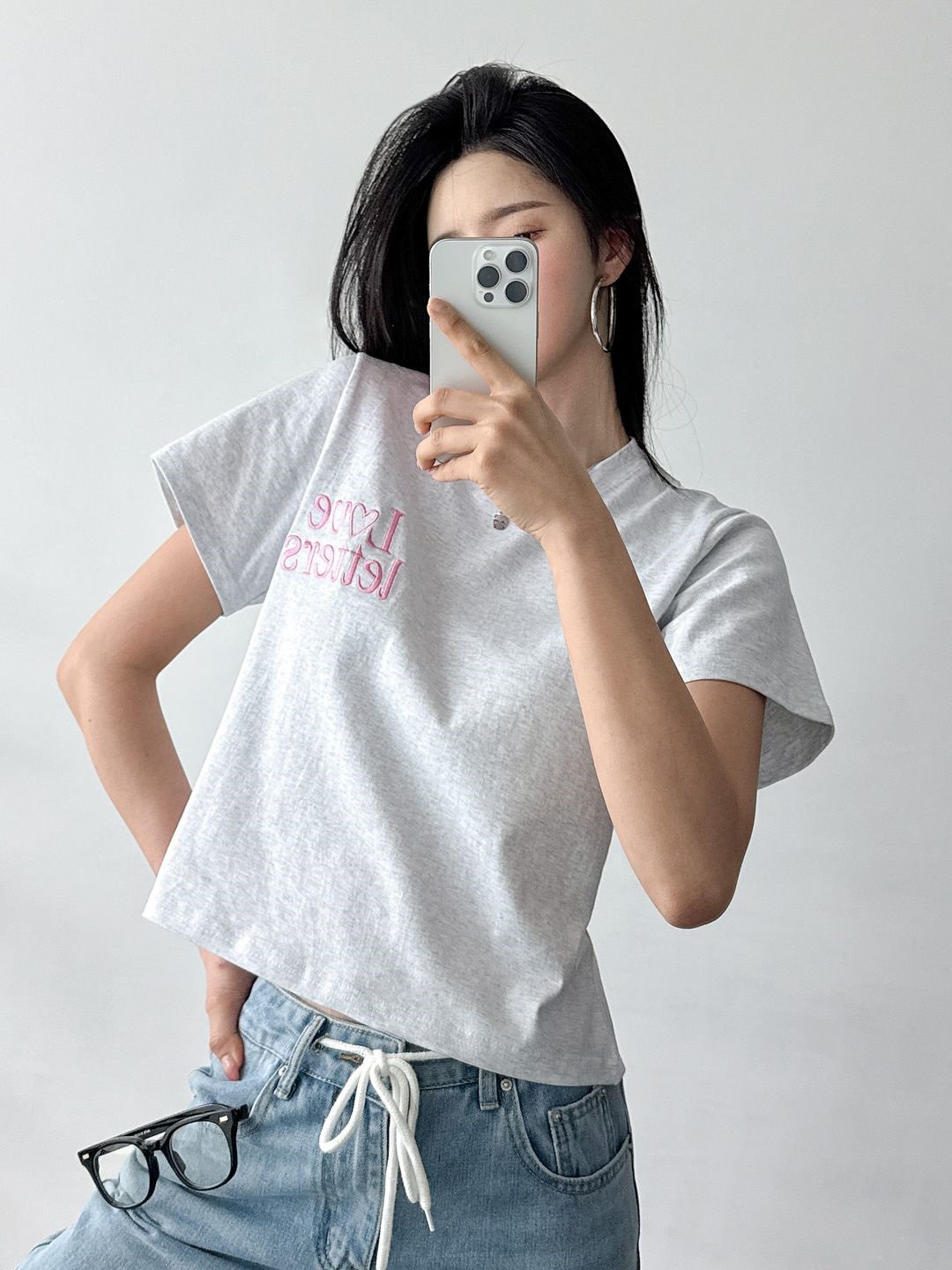 Loveハート刺繍クロップド半袖Tシャツ | 詳細画像4