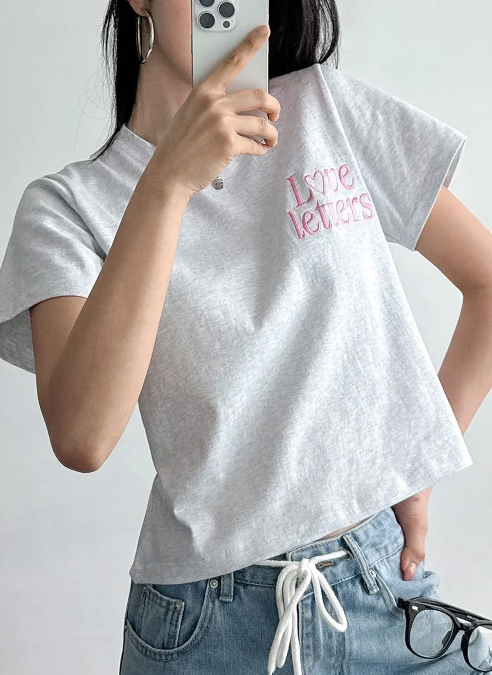 Loveハート刺繍クロップド半袖Tシャツ | 詳細画像1