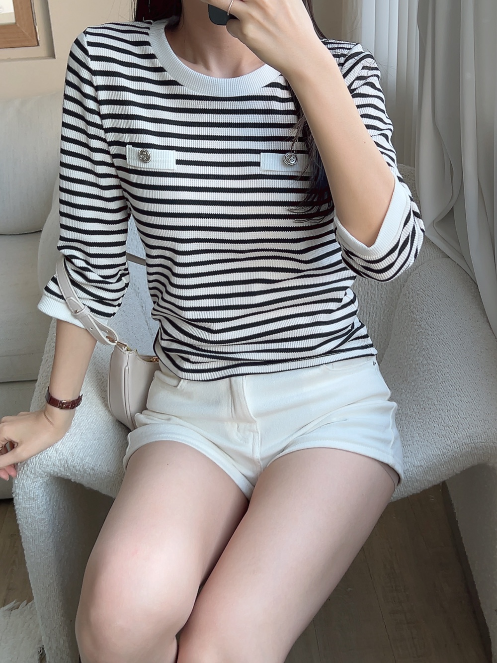 ボタンボーダーワッフル7分袖Tシャツ | 詳細画像11