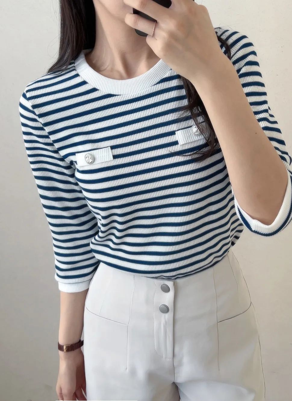 ボタンボーダーワッフル7分袖Tシャツ | 詳細画像1