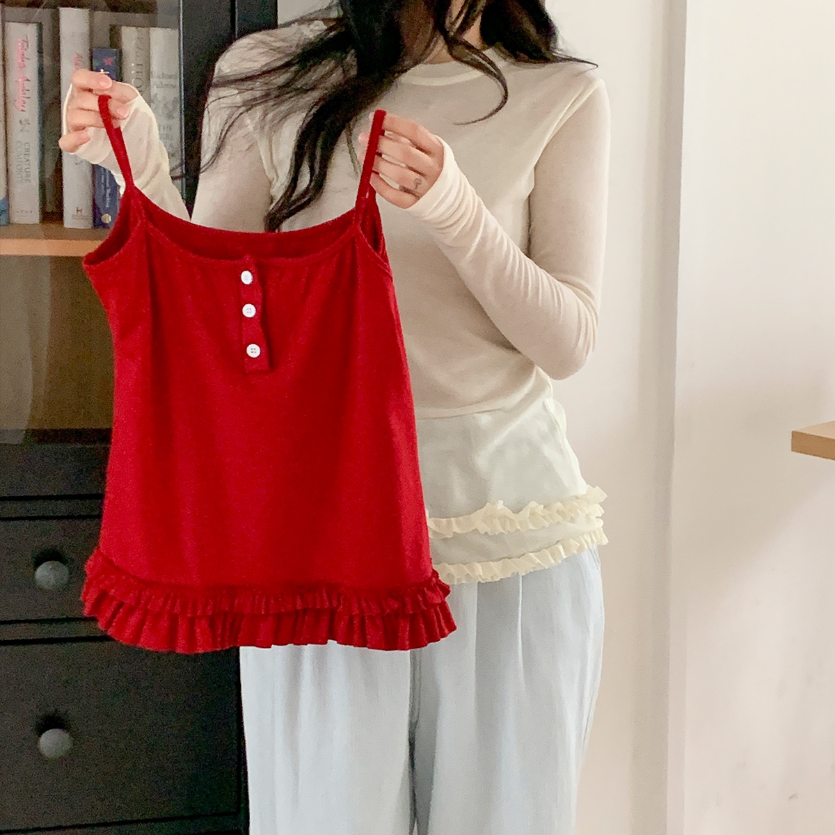 ハーフボタンフリルビスチェ&長袖TシャツSET | 詳細画像4