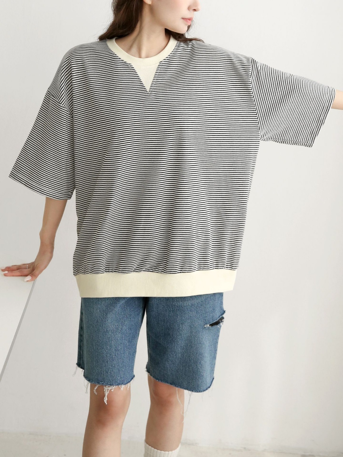 配色Vガゼットボーダールーズ半袖Tシャツ | 詳細画像17