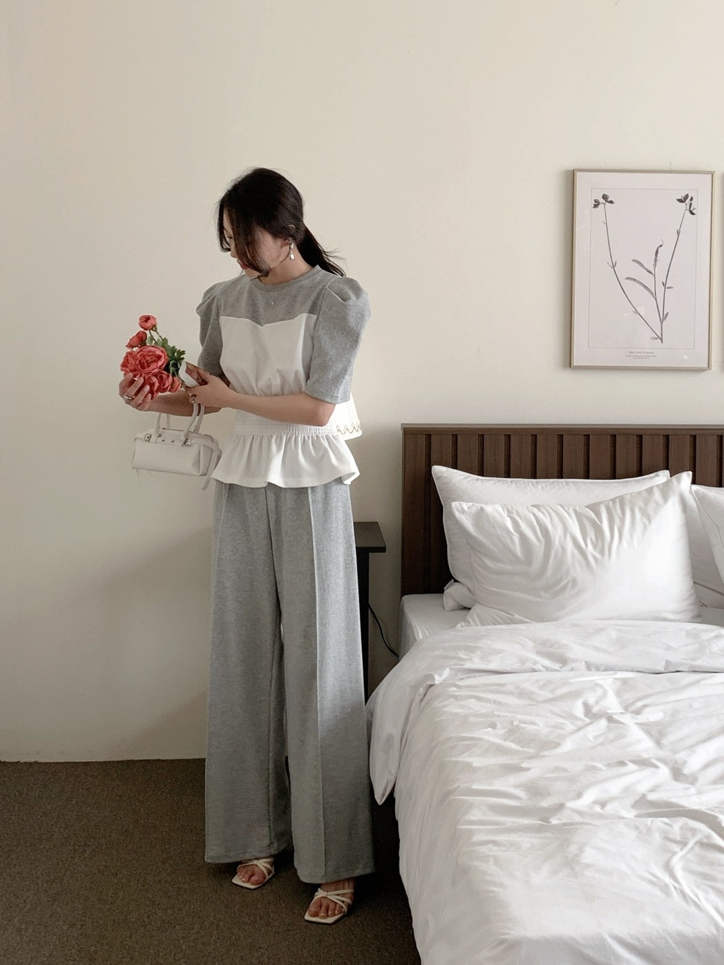 配色ペプラムパフ半袖Tシャツ&センターラインパンツSET | 詳細画像7