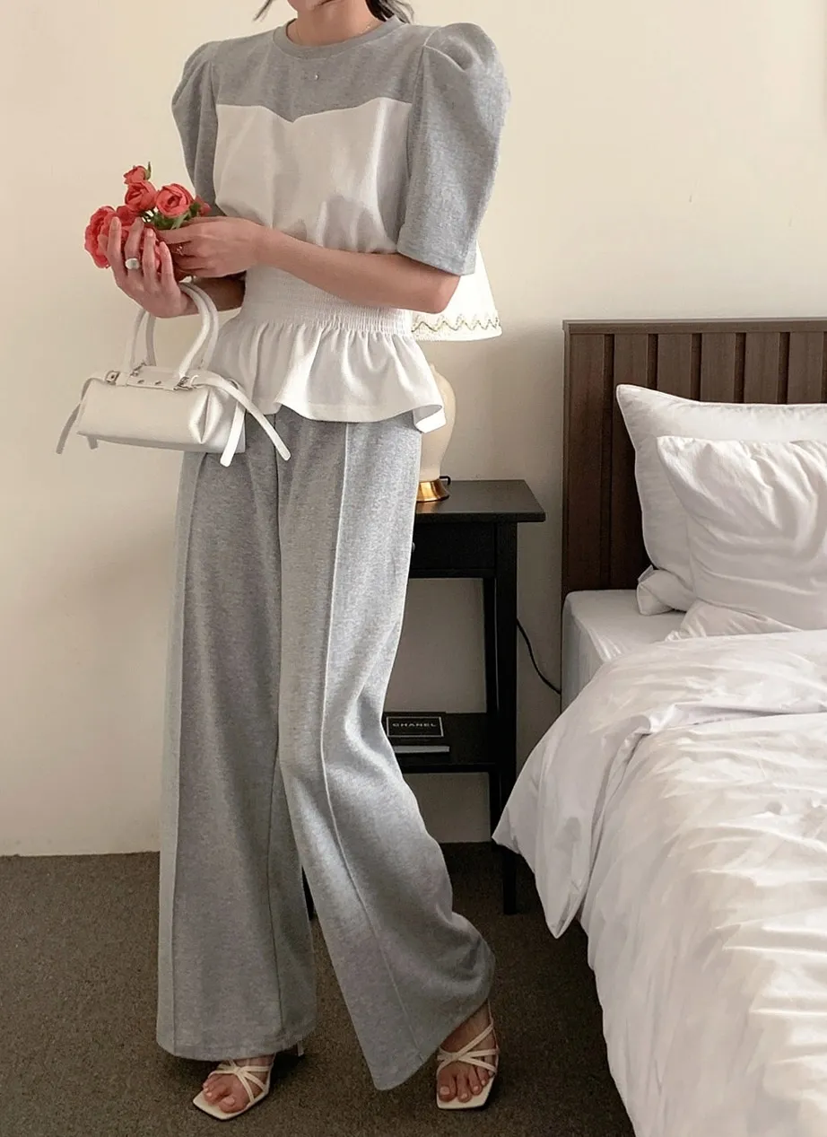 配色ペプラムパフ半袖Tシャツ&センターラインパンツSET | 詳細画像1