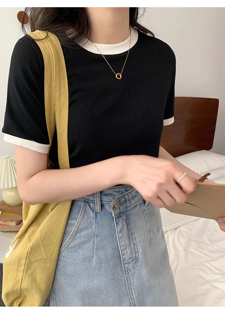 配色ラウンドネック半袖リブTシャツ | 詳細画像4
