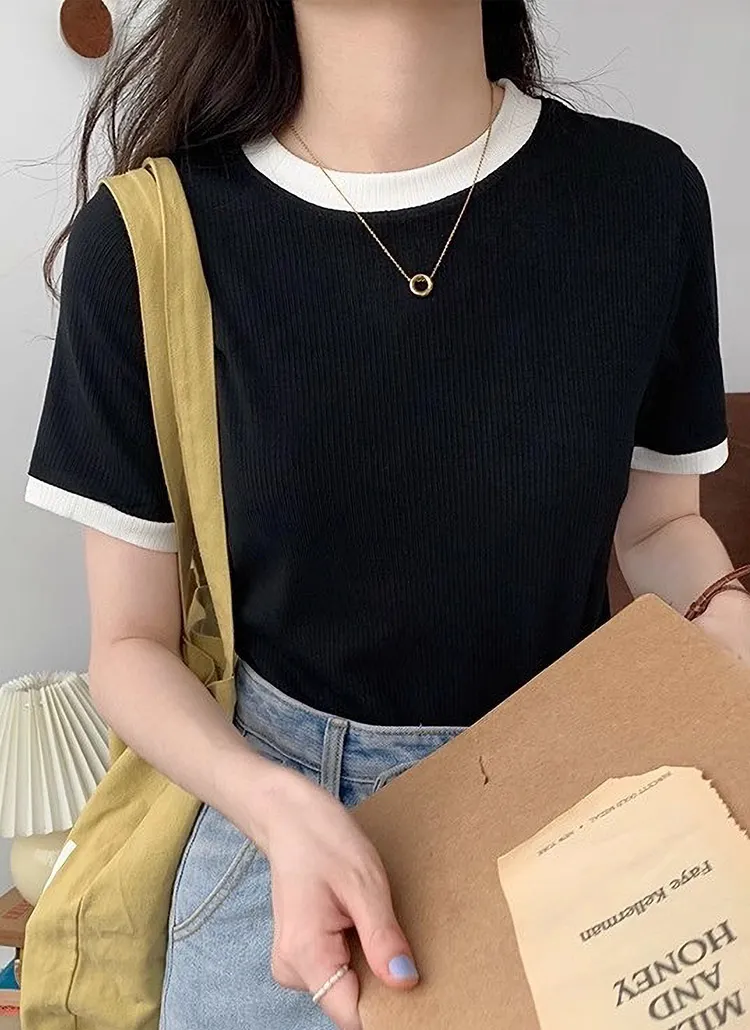 配色ラウンドネック半袖リブTシャツ | 詳細画像1