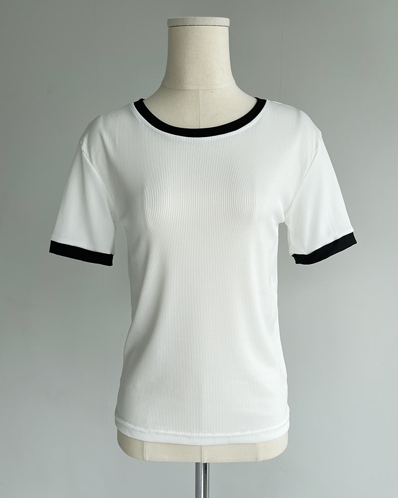 配色ラウンドネック半袖リブTシャツ | 詳細画像13