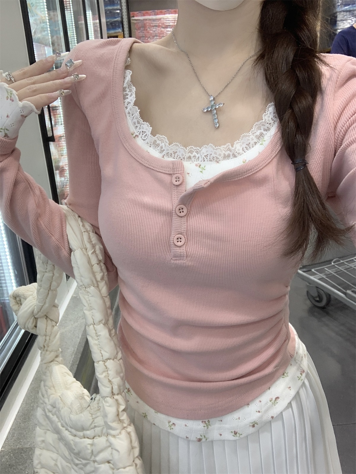 ハーフボタンレース花柄レイヤードTシャツ | 詳細画像2