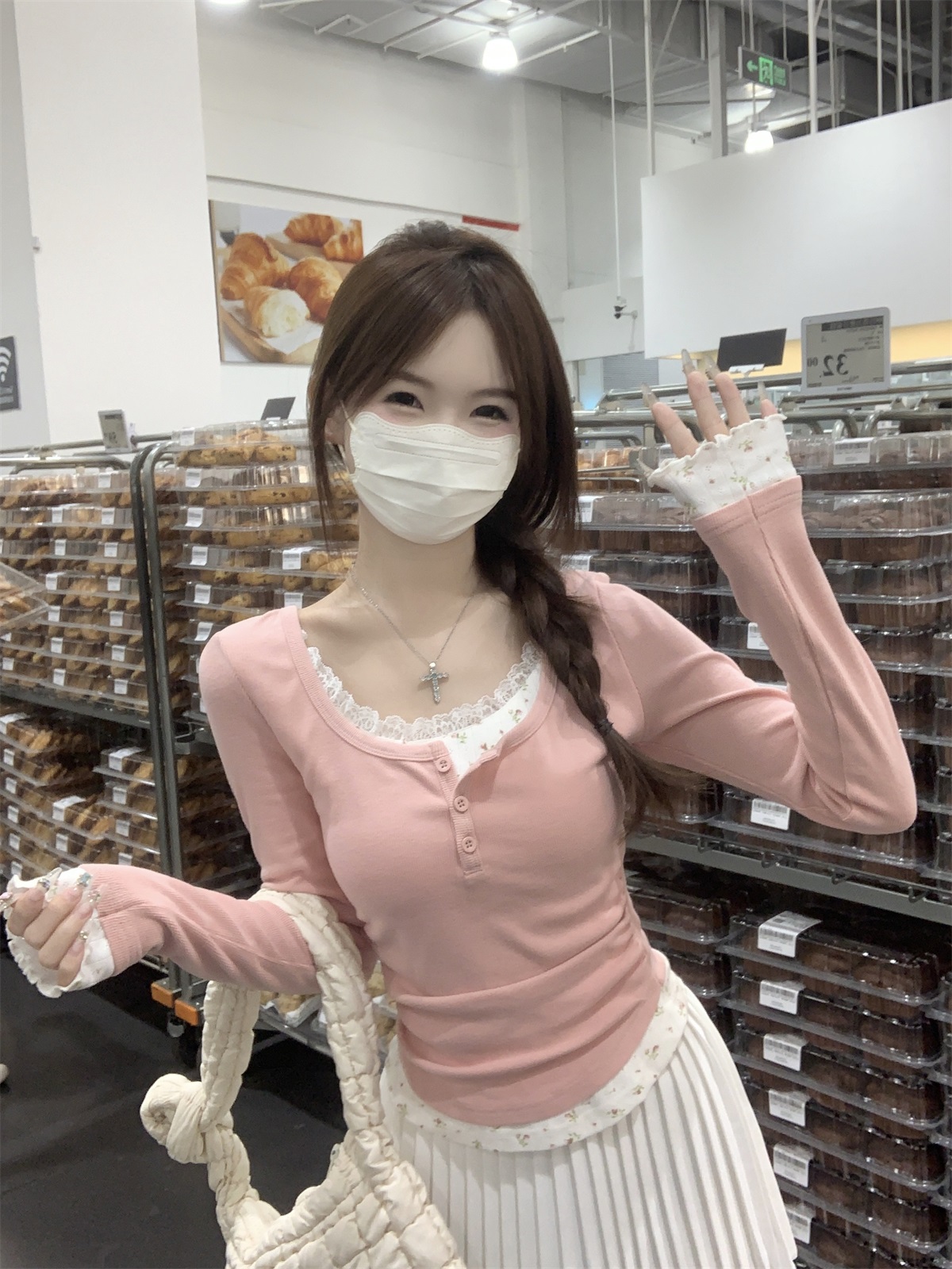 ハーフボタンレース花柄レイヤードTシャツ | 詳細画像5