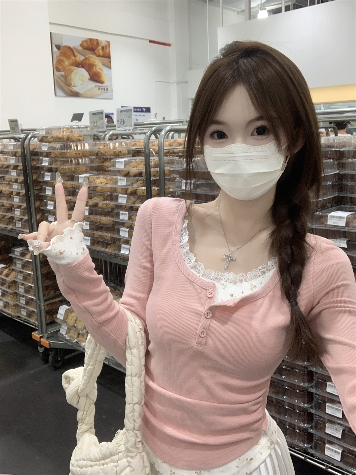 ハーフボタンレース花柄レイヤードTシャツ | 詳細画像6