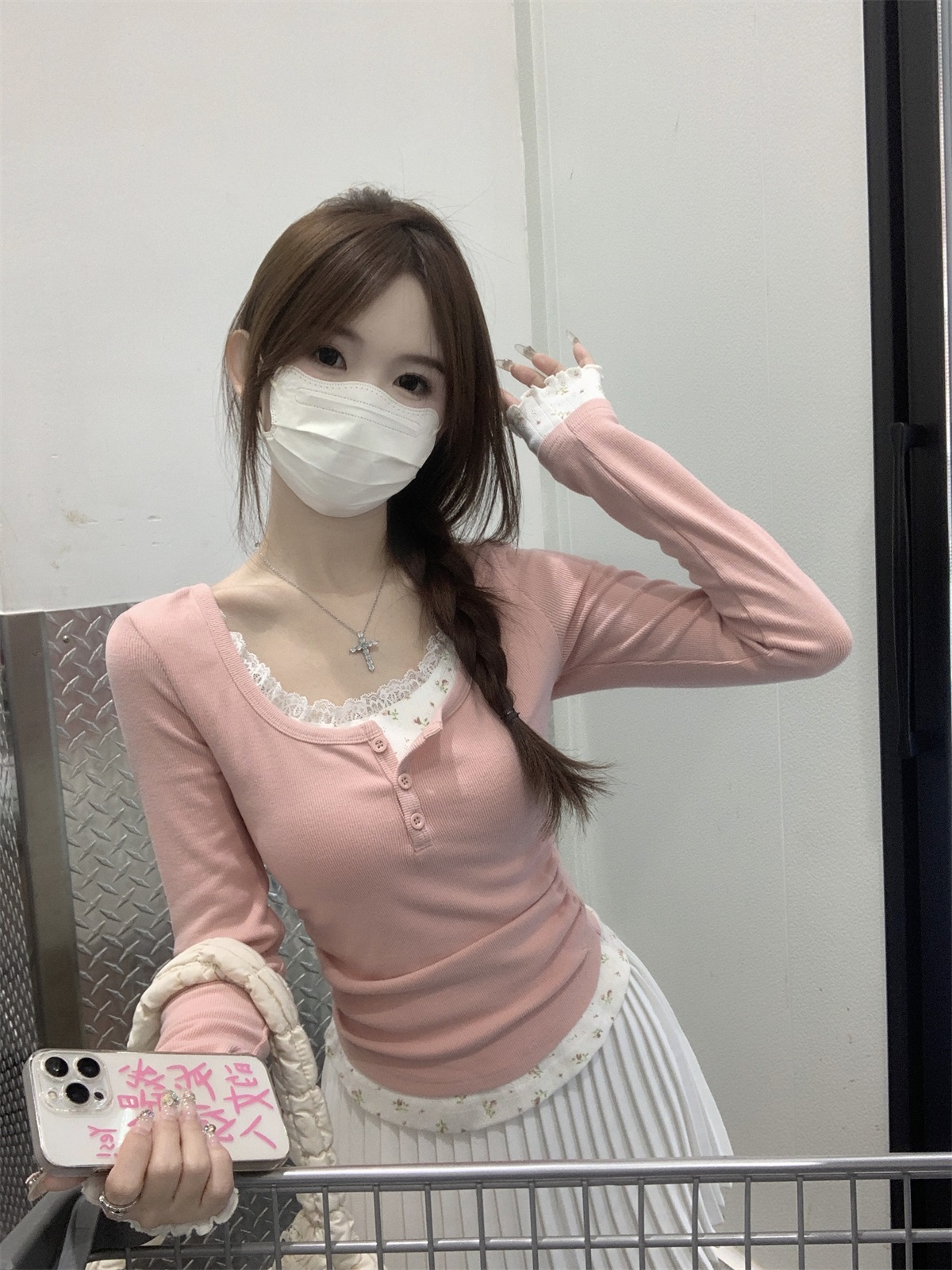 ハーフボタンレース花柄レイヤードTシャツ | 詳細画像7