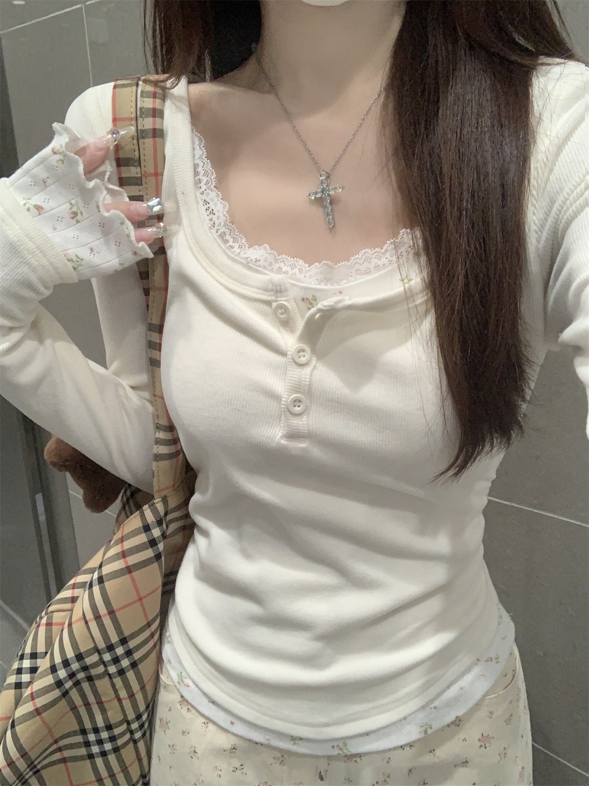 ハーフボタンレース花柄レイヤードTシャツ | 詳細画像9