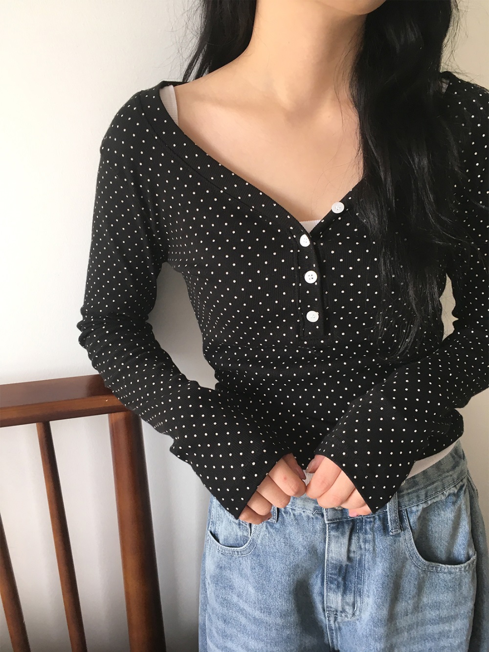 ハーフボタンVネックドットTシャツ | 詳細画像9