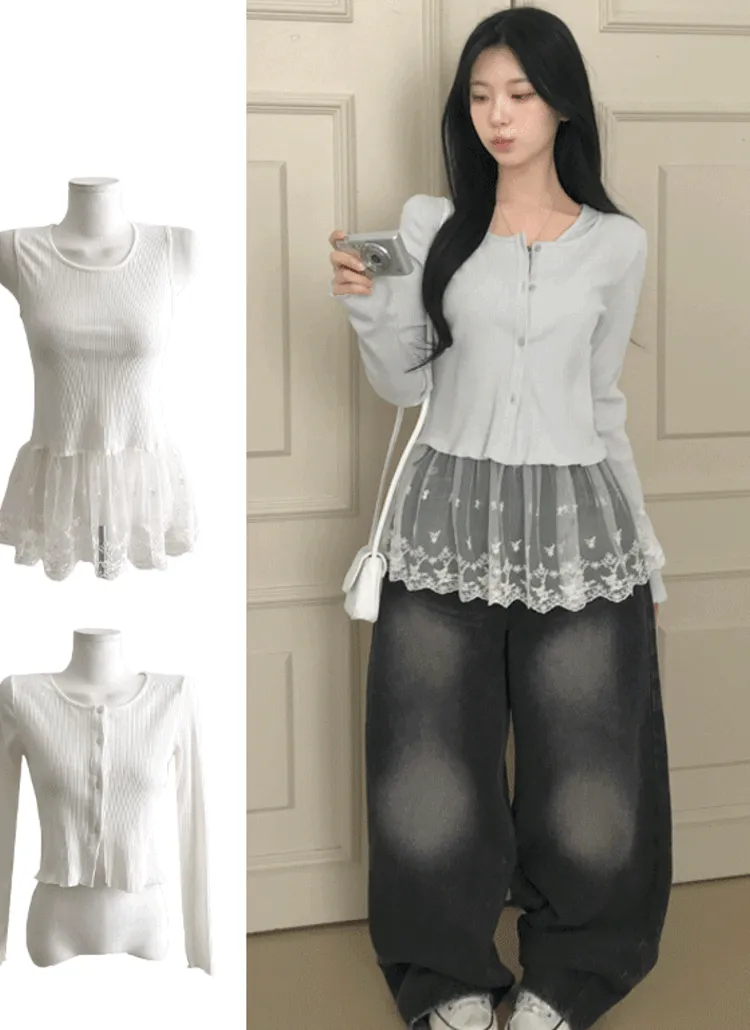 リブカーディガン&刺繍レースレイヤードタンクトップSET | creamsugar | 詳細画像1