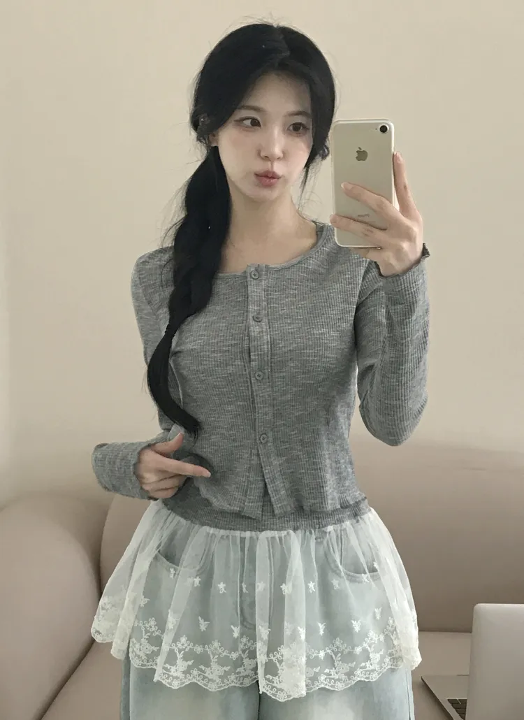 リブカーディガン&刺繍レースレイヤードタンクトップSET | creamsugar | 詳細画像5