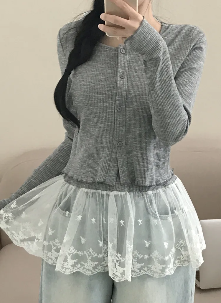 リブカーディガン&刺繍レースレイヤードタンクトップSET | creamsugar | 詳細画像6