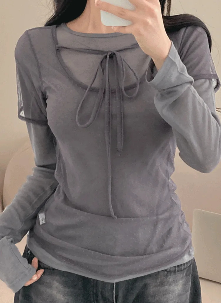 リボンUネックドットメッシュ半袖Tシャツ | creamsugar | 詳細画像1