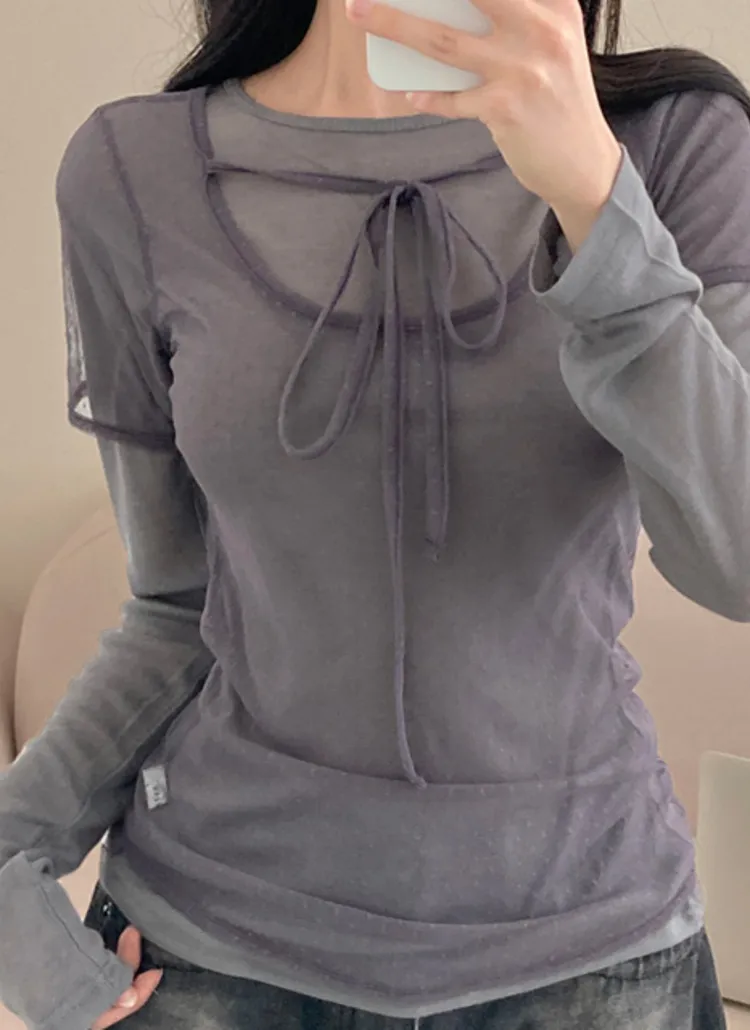 リボンUネックドットメッシュ半袖Tシャツ | creamsugar | 詳細画像1