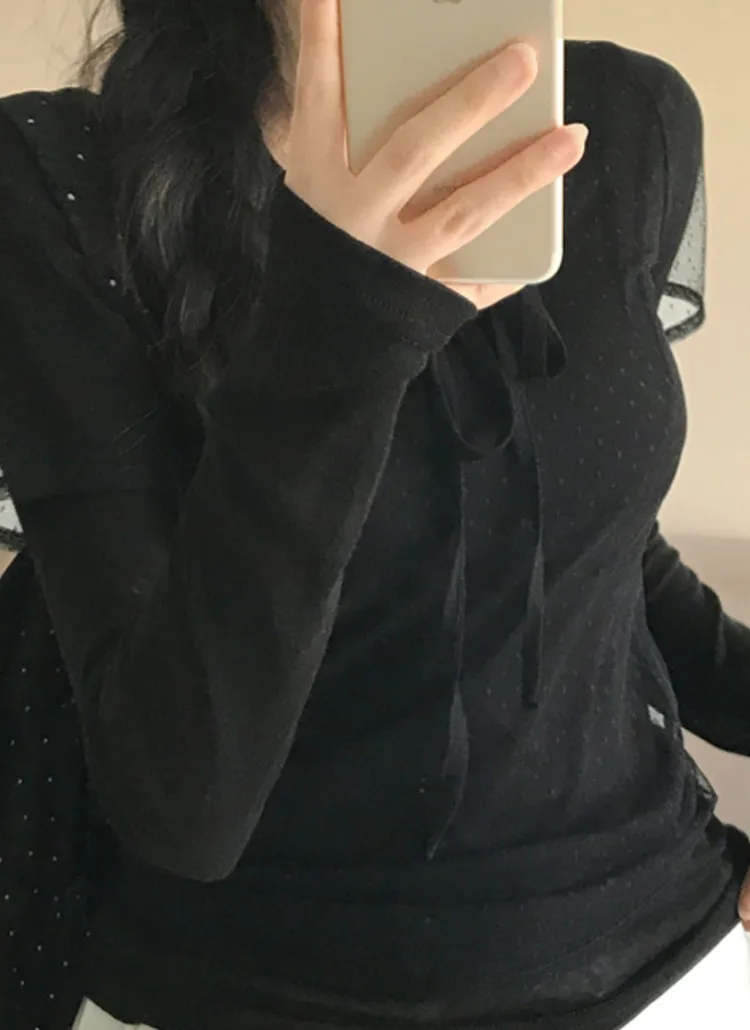 リボンUネックドットメッシュ半袖Tシャツ | creamsugar | 詳細画像3