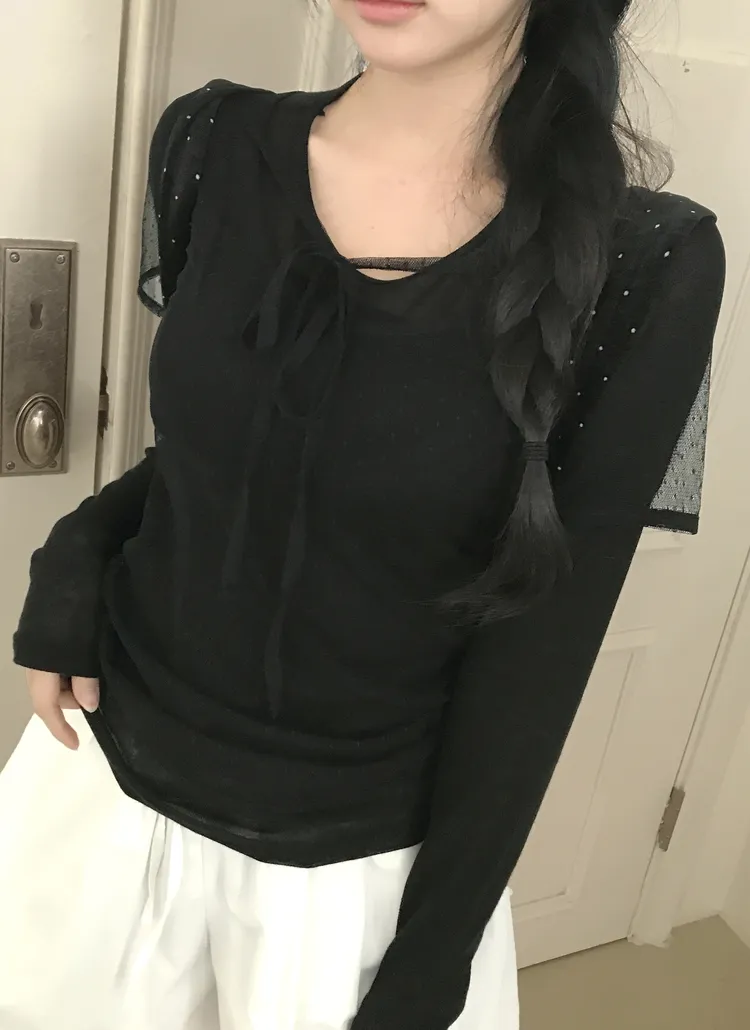 リボンUネックドットメッシュ半袖Tシャツ | creamsugar | 詳細画像5