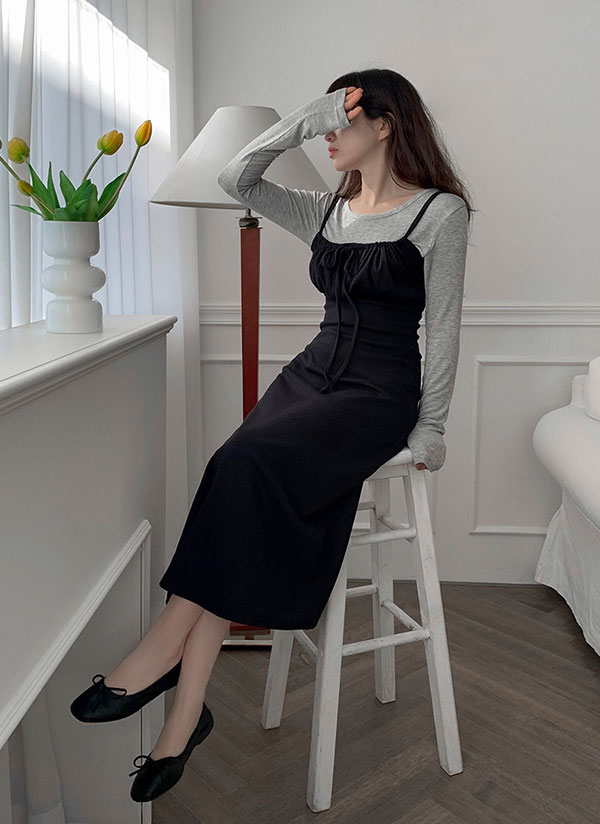 ドロストリボンリブキャミAラインワンピース | レディースファッション