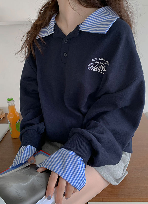 刺繍ハーフボタンストライプシャツレイヤードスウェット | レディース