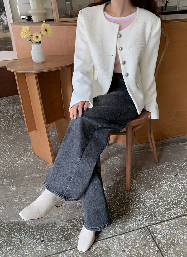 美品・24年モデル✨セオリー ツイードノーカラージャケット シルバーボタン 白 シルバーボタンスリットツイードジャケット | レディースファッション