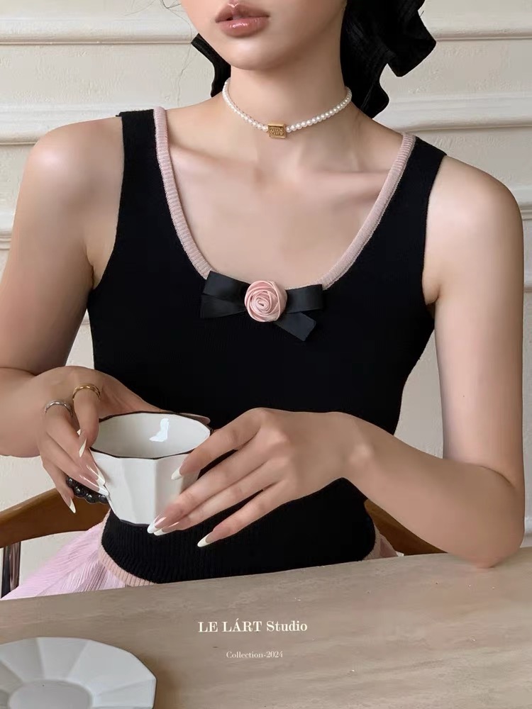 ローズリボンブローチ付配色ニットタンクトップ&カーディガンSET | 詳細画像8