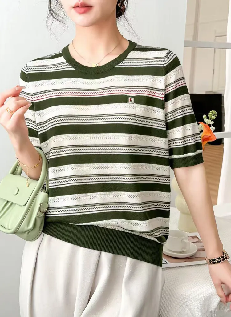 R刺繍ラウンドネックボーダー半袖ニット | KEECHEL | 詳細画像1