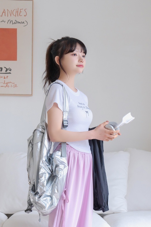 リボンレタリングラウンドヘムリブ半袖Tシャツ | 詳細画像5