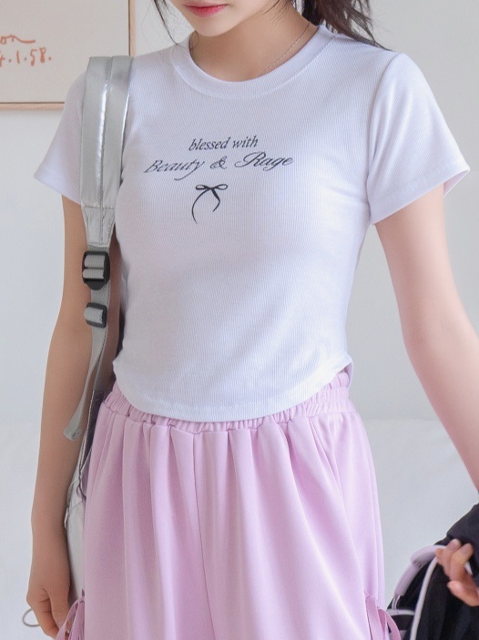 リボンレタリングラウンドヘムリブ半袖Tシャツ | 詳細画像6