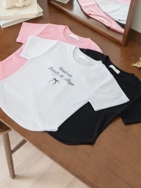 リボンレタリングラウンドヘムリブ半袖Tシャツ | 詳細画像8