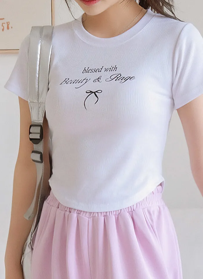 リボンレタリングラウンドヘムリブ半袖Tシャツ | 詳細画像1