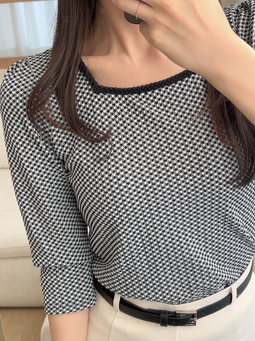 チェック配色スクエアネック7分袖Tシャツ | 詳細画像10