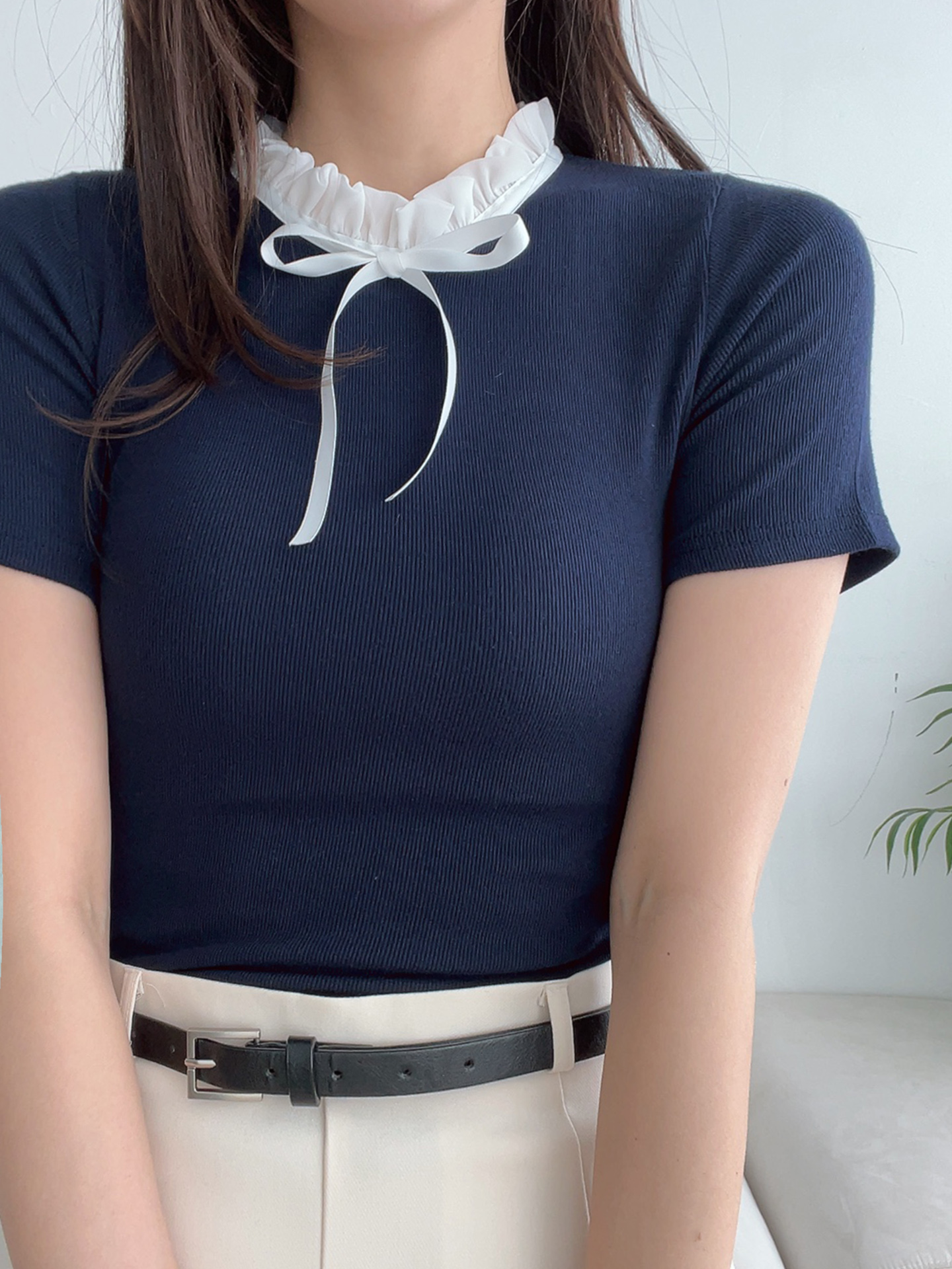 配色リボンフリルネックリブ半袖Tシャツ | 詳細画像2