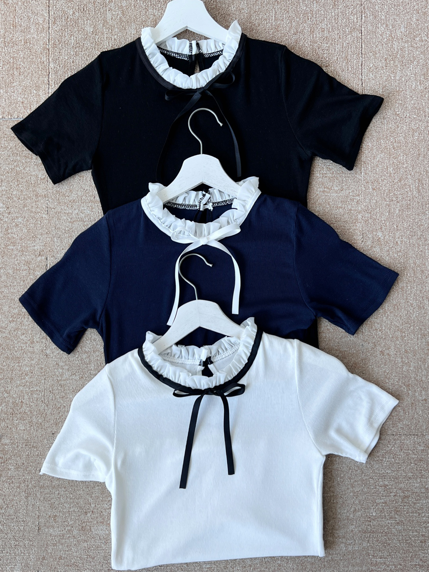 配色リボンフリルネックリブ半袖Tシャツ | 詳細画像15