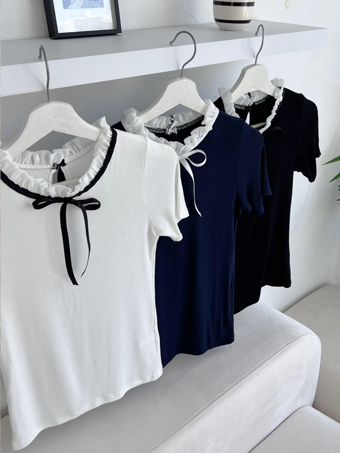 配色リボンフリルネックリブ半袖Tシャツ | 詳細画像16