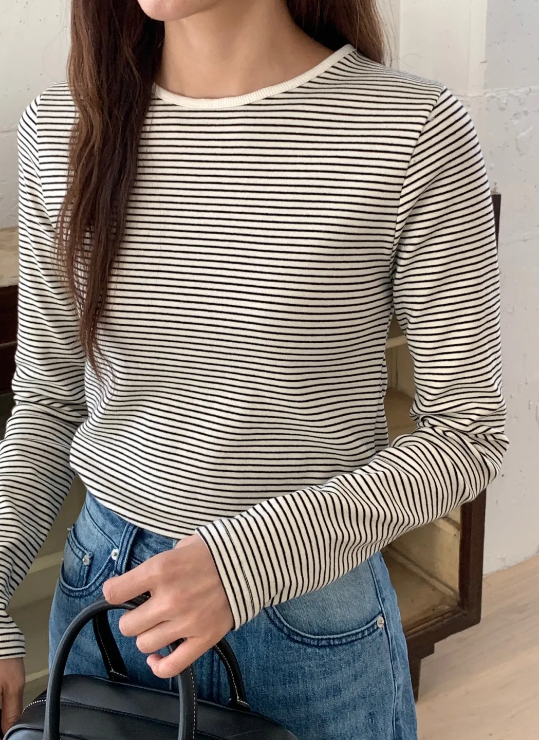 ボーダーリブラウンドネックTシャツ | 詳細画像1