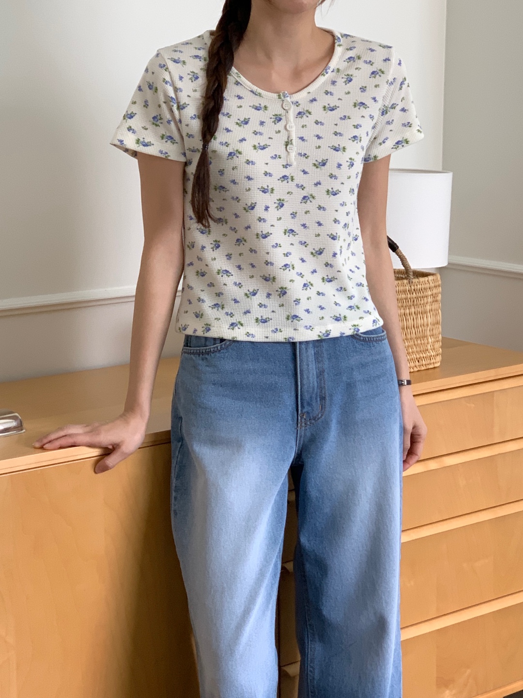 花柄ワッフルヘンリーネック半袖Tシャツ | 詳細画像2