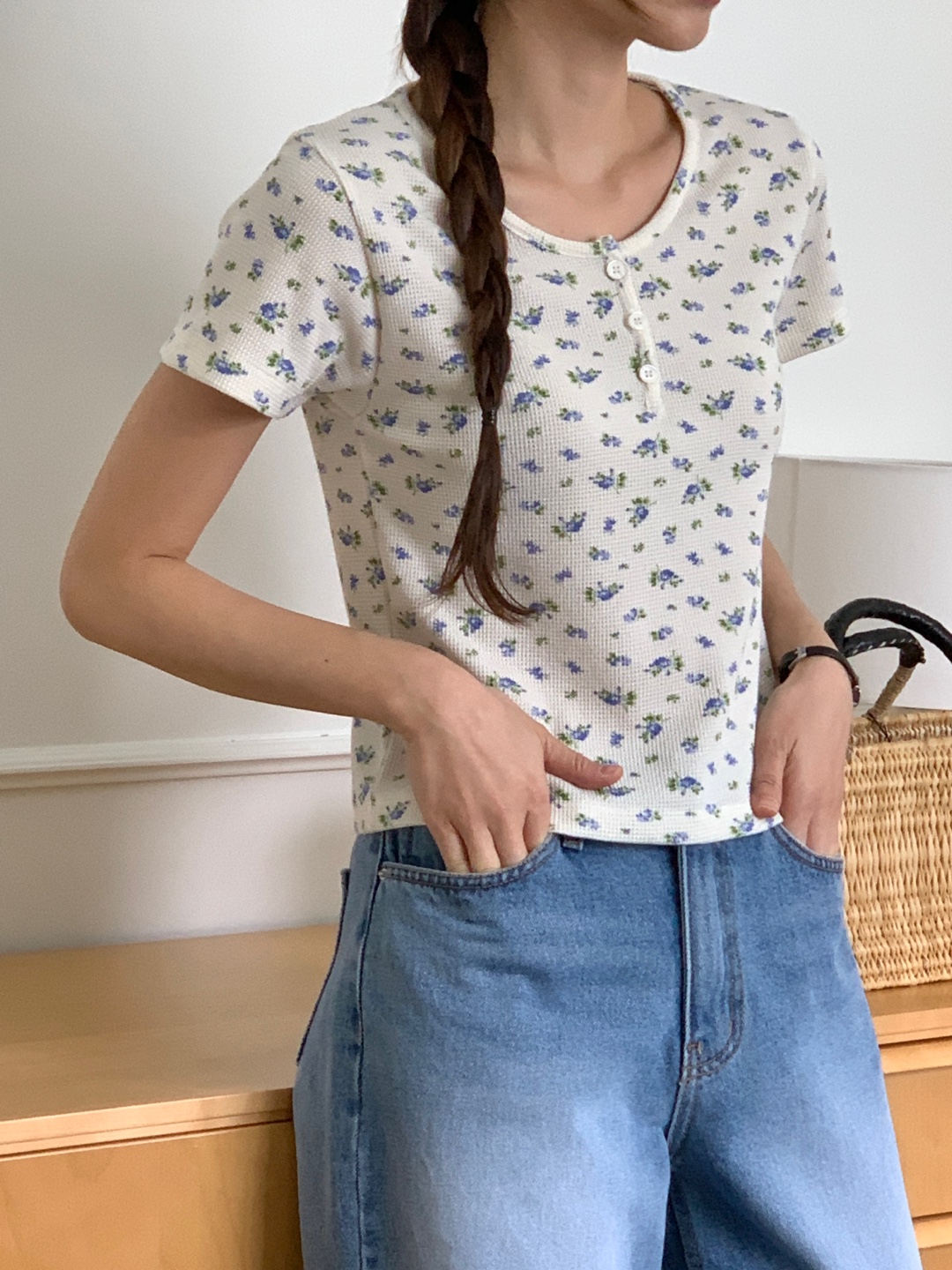 花柄ワッフルヘンリーネック半袖Tシャツ | 詳細画像3