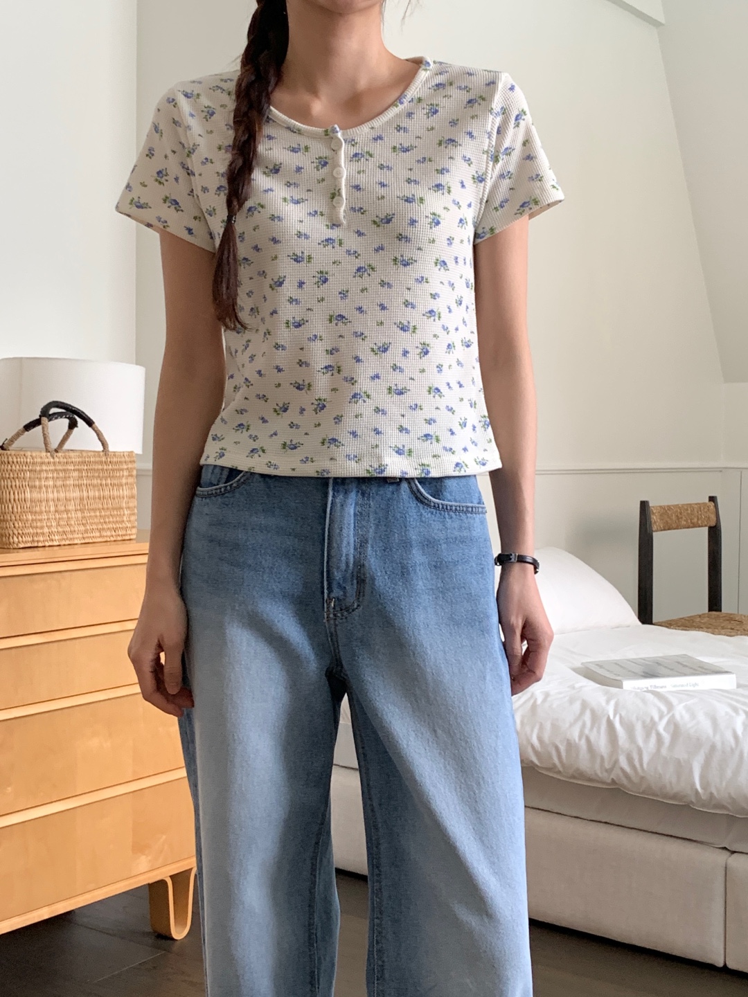 花柄ワッフルヘンリーネック半袖Tシャツ | 詳細画像4
